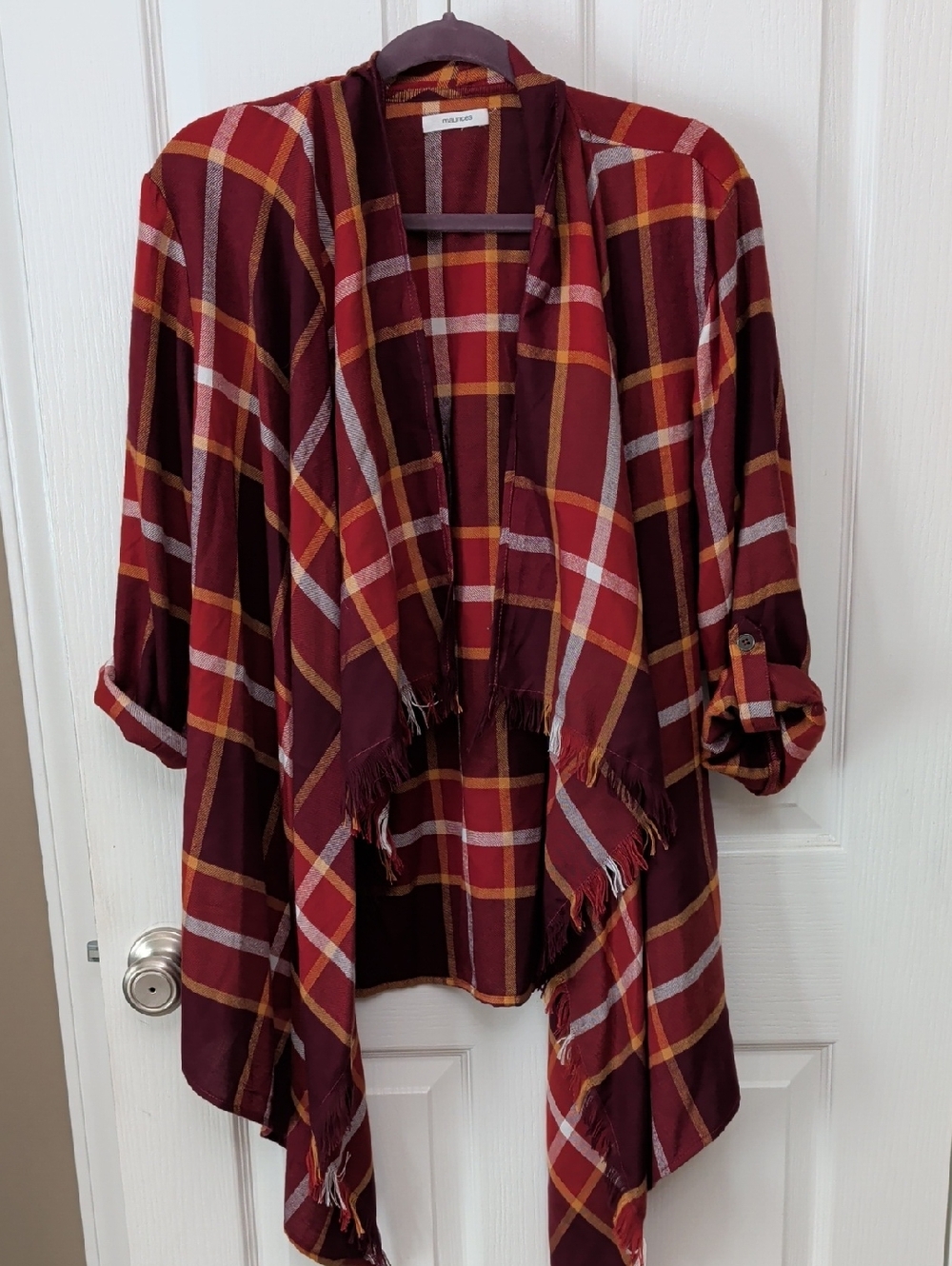 Maurices Red Plaid Kimono Wrap Fall Flannel Cardigan Waterfall Fringe Size M